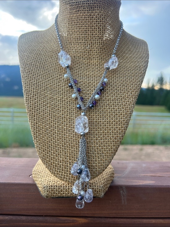 Jewelry - Multi-Strand Glass Crystal and Faux Pearls Lariat Necklace